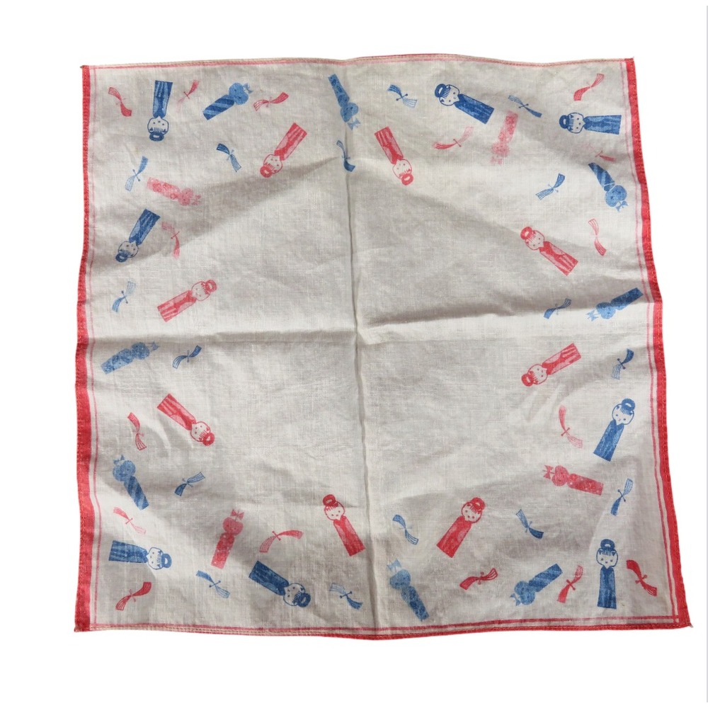 Vintage JAPANESE COTTON Hanky Handkerchief WHITE w/RED-BLUE Figures Children?